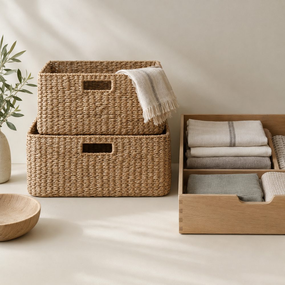 Neatly stacked woven storage baskets and a wooden drawer tray with folded linens