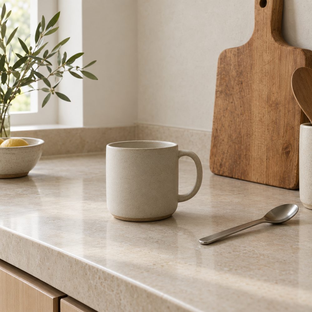 A plain ceramic mug, wooden board, and steel spoon on a light kitchen counter