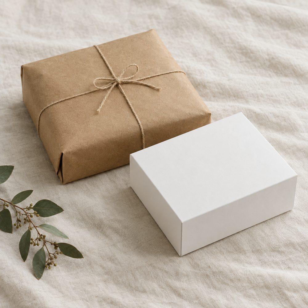 An unbranded kraft paper parcel and a plain white product box on linen