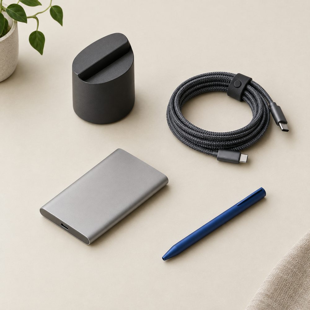 A compact charging accessory, braided cable, and pen arranged on a warm surface
