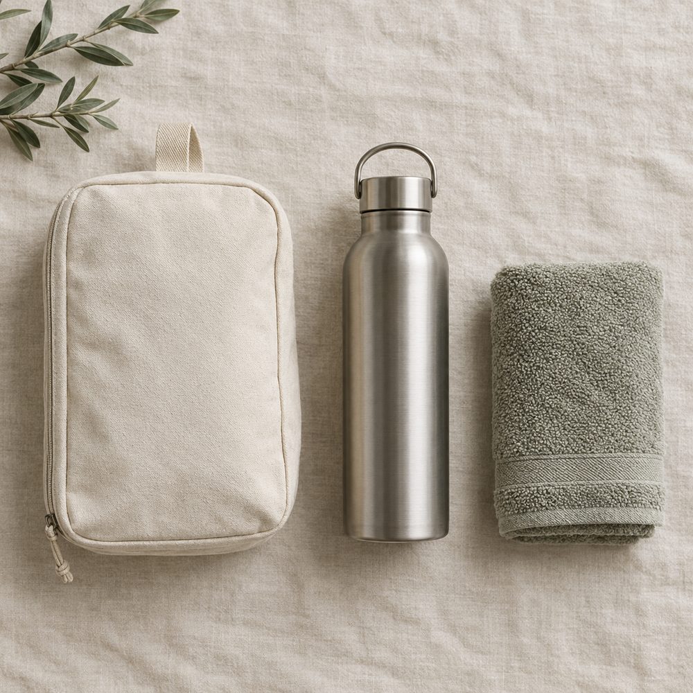 Flat-lay of a canvas pouch, steel water bottle, and folded towel on linen