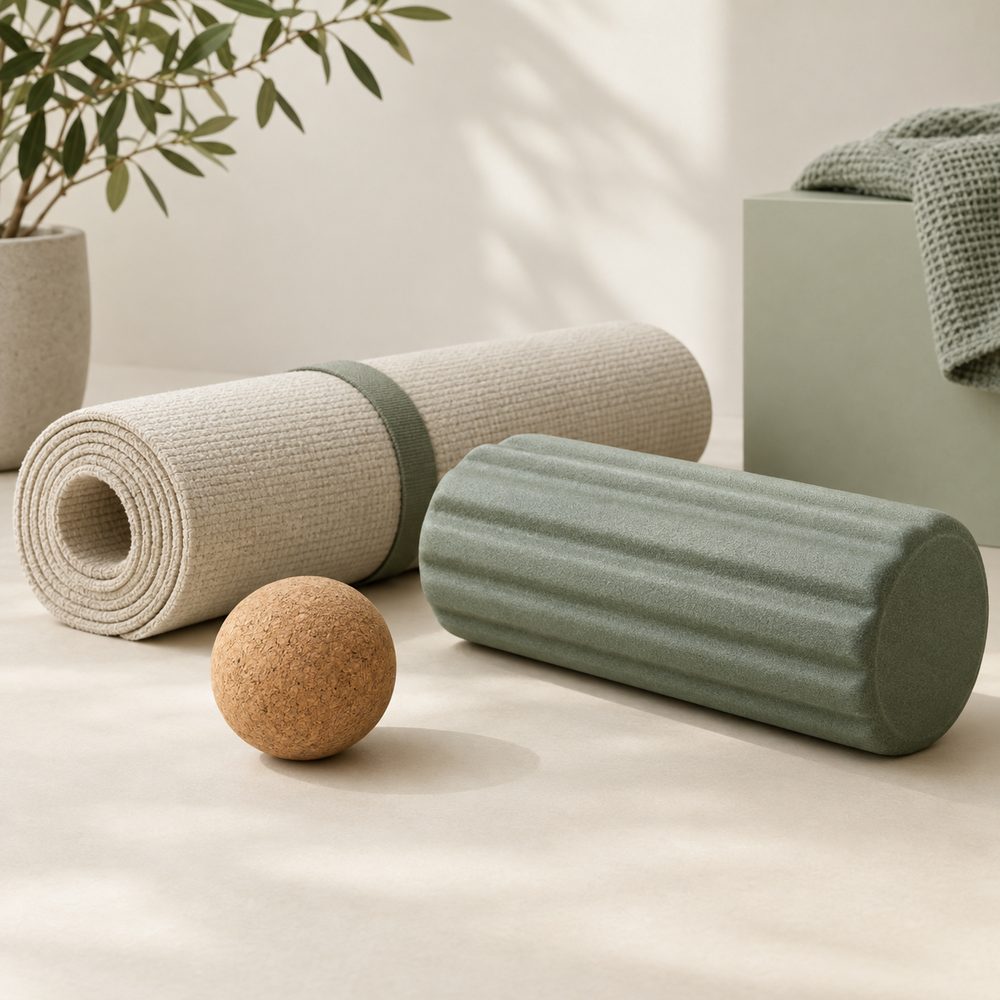 A rolled exercise mat, foam roller, and cork massage ball in soft daylight