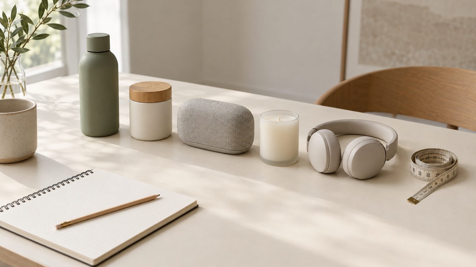 Sample everyday products lined up on a light table beside a notebook, pencil, and measuring tape during review